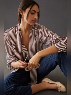 Maeve Anthropologie Tie-Neck Blouse Maroon Brown & White Vertical Stripes Large